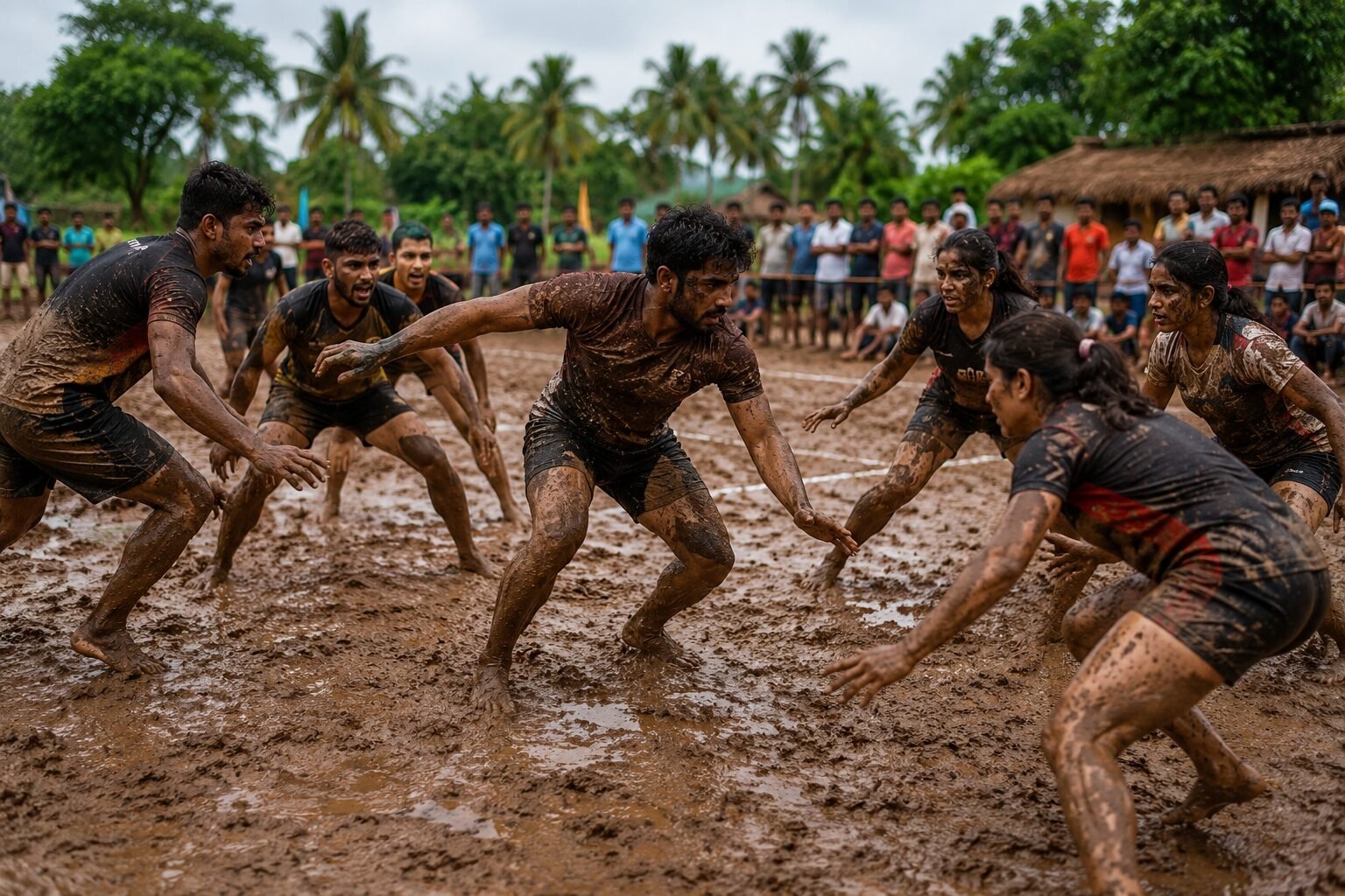 Young players in a traditional Kabaddi match on mud